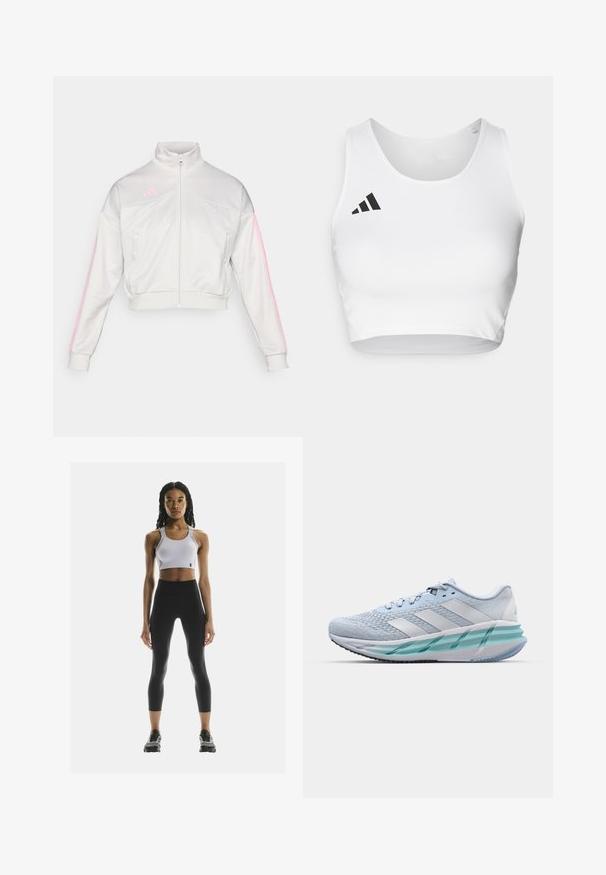 adidas Sportswear TIRO - Chaqueta de entrenamiento - grey one/true pink; Top corto deportivo blanco hecho de tela suave, con un escote redondo y un detalle del logo negro en el lado izquierdo.; Sujetador deportivo blanco con tirantes ajustables, combinado con leggins negros de cintura alta. La modelo está de pie en zapatillas deportivas negras. Diseño simple y funcional.; Zapatillas deportivas azul claro con un upper de punto texturizado, acentos blancos y una suela intermedia verde transparente. Punta redondeada y cuello acolchado.