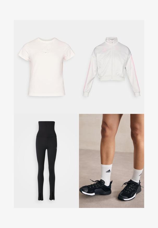 adidas Sportswear TIRO - Mikina so zipsom - grey one/true pink; Ružová tričko s krátkym rukávom vyrobené z bavlny. Na prednej strane je zvýraznené logo GUESS a design otázníka. Jednoduchý a priliehavý strih.; adidas by Stella McCartney Legíny - black; Čierne športové topánky s textúrovaným vrchom, bielymi akcentmi a bezpečným šnurovacím systémom, doplnené o biele rebrované ponožky so zobrazeným logom.