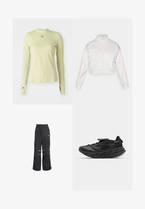adidas Sportswear TIRO - Cipzáras pulóver - grey one/true pink; adidas by Stella McCartney Hosszú ujjú felső - halo gold; Fekete, bővített szárú nadrág, fényvisszaverő részletekkel a térdeken, magas derék övlyukakkal, és egy kör alakú logóval a jobb comb felső részén.; adidas by Stella McCartney ADISTAR - Edzőcipő - core black/utility black/almond milk