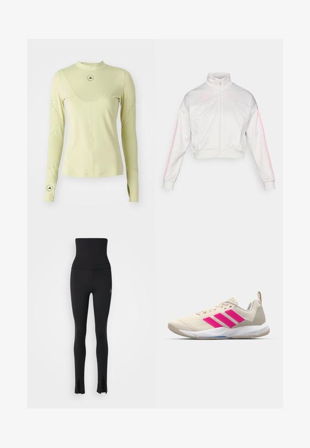 adidas Sportswear TIRO - Trainingsjacke - grey one/true pink; adidas by Stella McCartney Langarmshirt - halo gold; adidas by Stella McCartney Tights - black; Beige Sportsschuh mit pinkem Dreistreifen-Logo, strukturiertem Mesh-Obermaterial, gepolstertem Schaft und weißer Gummisohle, mit "LIGHTSTRIKE"-Branding.