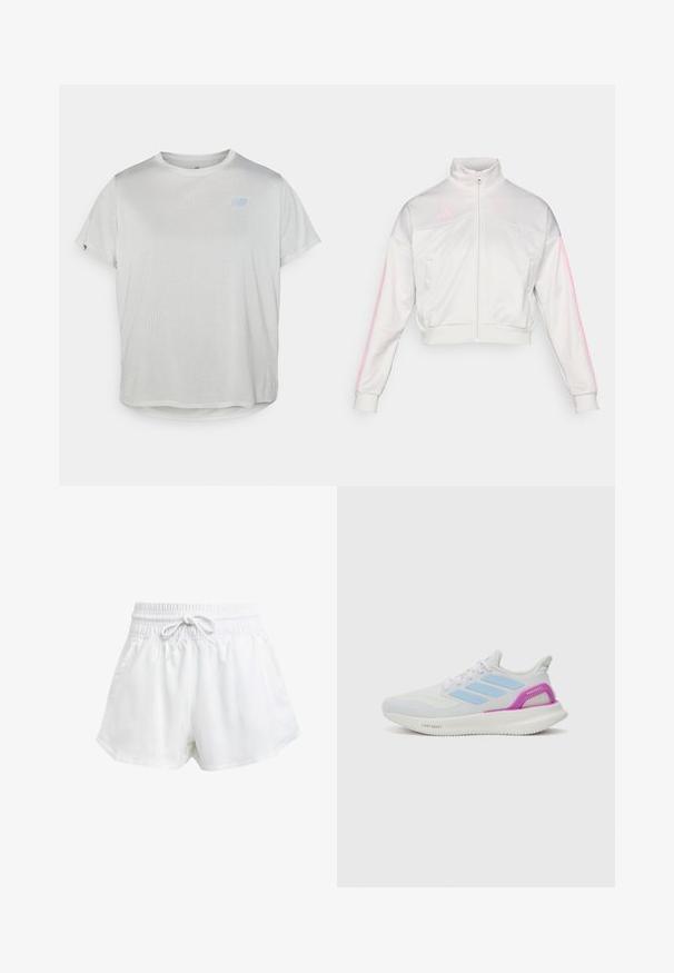 adidas Sportswear TIRO - Treningsjakke - grey one/true pink; Lys grå, kortermet treningstrøye med teksturert mesh-stoff og en subtil blå logo foran. Rundet nederkant.; Hvite sportsbukser med elastisk midje og justerbar snor. Laget av lett materiale, med sidelommer og løs passform.; adidas Performance PUREBOOST 5 - Løpesko for vei - white/glow blue/purple burst