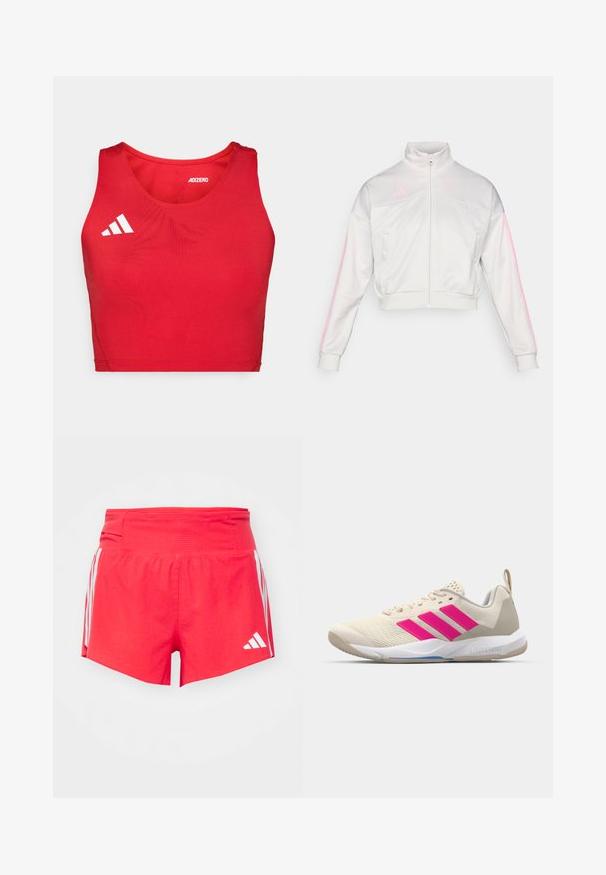 adidas Sportswear TIRO - Träningsjacka - grey one/true pink; Röd atletisk crop top med ribbad textur, med rund hals, breda axelband och vit logotypdetaljering.; Röda sportshorts i strukturerat tyg, med en bred midja och vita sidostrecker samt logodetaljer.; Beige idrottssko med rosa tre-stripes logotyp, texturerad meshöverdel, vadderad krage och vit gummisula, med "LIGHTSTRIKE"-branding.