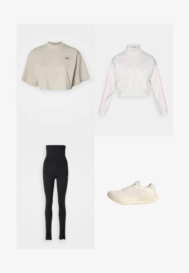 adidas Sportswear TIRO - Felpa con zip - grey one/true pink; T-shirt cropped a maniche corte in cotone beige chiaro. Presenta un collo alto e un logo circolare nero sulla parte sinistra del petto.; adidas by Stella McCartney Leggings - black; Scarpa sportiva beige chiaro con tomaia in rete, lacci piatti e soletta ammortizzata. Presenta un design a tre strisce sul lato laterale.