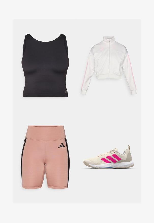 adidas Sportswear TIRO - Casaco de treino - grey one/true pink; Top desportivo preto curto, feito de um tecido liso e elástico, com decote redondo e design sem mangas. Apresenta um detalhe de logotipo discreto.; Calções atléticos rosa com uma cintura alta, feitos de material elástico. Apresentam riscas laterais pretas e o logótipo da Adidas do lado esquerdo.; Sapata atlética bege com logotipo de três riscas cor-de-rosa, parte superior em malha texturizada, colarinho acolchoado e sola de borracha branca, apresentando a marca "LIGHTSTRIKE".