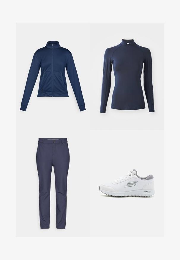 Modra polna zip jakna za sledi z visokim ovratnikom, dolgimi rokavi, dvema sprednjima žepoma in elastičnimi manšetami.; J.LINDEBERG Sports ELLA COMPRESSION - Majica z dolgimi rokavi - navy; Mornarsko modri hlače iz raztegljive tkanine z gladko teksturo, z običajnim pasom in zapenjanjem na gumb ter zoženimi nogami.; Bele športne čevlje z teksturirano mrežasto zgornjim delom, srebrnimi poudarki in lahkotnim podplatom, ki ima majhne protisklizne konice, označeni z "ULTRA FLIGHT."
