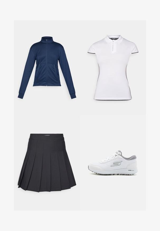 Sötétkék, teljesen zipzárazható sportdzseki magas gallérral, hosszú ujjakkal, két elülső zsebbel és elasztikus mandzsettákkal.; Fehér póló rövid ujjal, gallérral és elől gombos záródással. Fekete díszítések az ujjakon és az oldalvarrásokon. Puha, sima tapintás.; J.LINDEBERG Sports ADINA SKIRT - Sportszoknya - black; Fehér sportcipők texturált hálós felsőrésszel, ezüst részletekkel és könnyű talppal, amelyen kis tapadószögek találhatók, "ULTRA FLIGHT" felirattal.