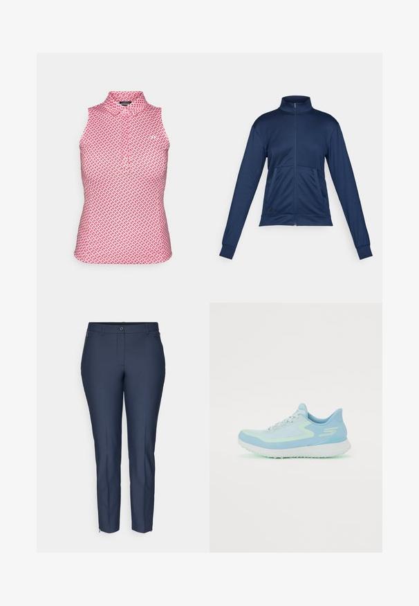 Marineblå full-zip treningsjakke med høy krage, lange ermer, to frontlommer og elastiske mansjetter.; Ermeløs polo-topp i rosa med geometrisk mønster. Den har høy hals og en kvart glidelås foran. Glatt, lett stoff.; Mørkeblå skreddersydde slim-fit bukser med knappelukking, beltehemper, glidelås-lommer i sidene og glidelåser ved ankelen på begge ben.; Lys blå treningssko med mesh-overdel, rund tå, polstret såle og reflekterende detaljer. Har snøringer og en støttende hæl.