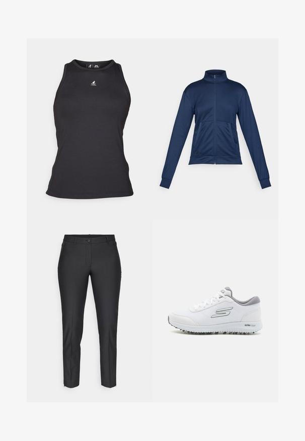 Tumed sinine täispikkuse tõmblukuga sportjakke kõrge kraega, pikkade varrukatega, kahe esiseotuga ning elastsete mansettidega.; Must mustriba tank topp kõrge kaelusega ja ilma varrukateta disainiga. Omab väikest logo rinnal ja sopsakate siluett.; Mustad mustriga mustad püksid, millel on sile tekstuur, nupuga sulgemine, tõmbluku lend ja kaks küljetaskut. Kitsas sobivus ahenevate jalgadega.; Valged spordisussid tekstuurses võrgusüvas, hõbedased detailid ja kerge tallaga, kus on väikesed haardepunktid, märgitud "ULTRA FLIGHT."