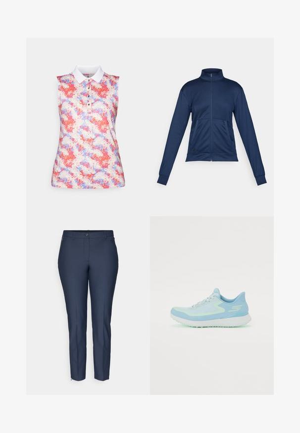 Marineblå full-zip treningsjakke med høy krage, lange ermer, to frontlommer og elastiske mansjetter.; Ermeløs polo skjorte med hvit krage, med et fargerikt abstrakt mønster i rosa, blå og krem. Knappelukking ved nakken.; Mørkeblå skreddersydde slim-fit bukser med knappelukking, beltehemper, glidelås-lommer i sidene og glidelåser ved ankelen på begge ben.; Lys blå treningssko med mesh-overdel, rund tå, polstret såle og reflekterende detaljer. Har snøringer og en støttende hæl.