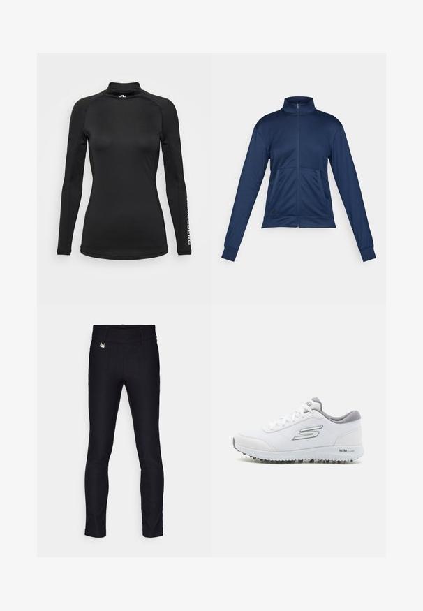 Marineblå fuld-zip træningsjakke med høj krave, lange ærmer, to frontlommer og elastiske manchetter.; Sort langærmet skjorte med høj krave, lavet af glat stof. Har subtil søm og logo på ærmet. Slim fit design.; Slanke sorte bukser i strækstof. Har en glat tekstur, flad talje og et sølvfarvet hardwareelement foran.; Hvide sportssko med en struktureret mesh-overdel, sølvdetaljer og en let sål med små skridsikre stød, mærket "ULTRA FLIGHT."
