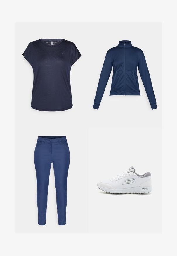 Modra polna zip jakna za sledi z visokim ovratnikom, dolgimi rokavi, dvema sprednjima žepoma in elastičnimi manšetami.; Mornarsko modra majica s kratkimi rokavi iz lahkotnega materiala, z okroglim izrezom in diskretnim detaljem logotipa na prsih.; Temno modre hlače ozkega kroja iz gladkega blaga, z zapiranjem na gumb, dvema sprednjima žepoma in čistim zaključkom na spodnjem robu.; Bele športne čevlje z teksturirano mrežasto zgornjim delom, srebrnimi poudarki in lahkotnim podplatom, ki ima majhne protisklizne konice, označeni z "ULTRA FLIGHT."