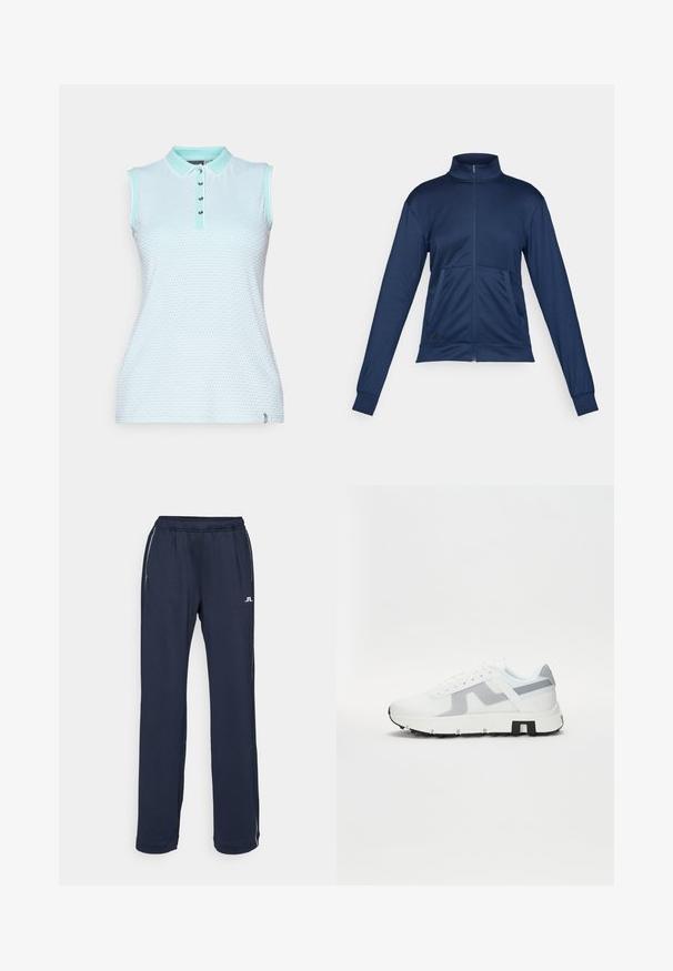 Tumši zila pilna rāvējslēdzēja sporta jaka ar augstu apkakli, garām piedurknēm, divām priekšējām kabatām un elastīgām aprocēm.; Bez piedurknēm polo krekls gaiši zila teksturēta auduma, ar apkakles izgriezumu, piecu pogu aizdari un kontrastējošiem piparmētru zaļiem akcentiem.; Jūras zilas sporta bikses ar elastīgu jostu, divām sānu kabatām un izsmalcinātām baltām logotipa detaļām. Izgatavotas no gludas, elastīgas auduma.; Baltie sporta kedas ar pelēkiem akcentiem, strukturētu virsu, biezu zoli un kontrastējošu melnu papēdi. Šņorēšanas dizains ar sieta paneļiem.