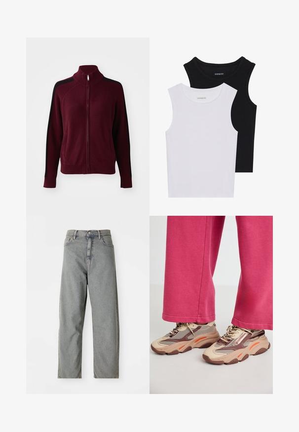 Obey Clothing FRANKIE TRACK - Kardigán - wine; Dve bezrukávové topy v čiernej a bielej farbe, vyrobené z rebrovanej bavlny, s okrúhlym výstrihom a priliehavým strihom. Viditeľné štítky na oboch.; Svetlo šedé džíny z denimu so strihom rovného nohavicí, s predným zapínaním na gombík, piatimi vreckami a jemným vyblednutím.; Hrubé béžové tenisky s priedušnou sieťovinou a hnedými akcentmi, so zvýrazneniami v oranžovej farbe a textúrovanou podrážkou. Nosené s ružovými nohavicami, čo vytvára ležérny vzhľad.