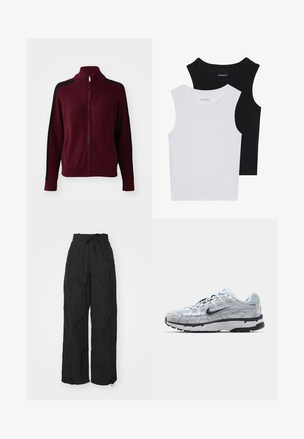 Obey Clothing FRANKIE TRACK - Kardigán - wine; Két ujjatlan felső fekete és fehér színben, bordás pamutból készült, kerek nyakkivágással és testhez simuló fazonnal. Mindkettőn látható címke.; Fekete, bő szabású nadrág könnyű, texturált anyagból. Az elasztikus derékpánt, a húzózsinór részlet és a cipzáras bokanyílások jellemzik.; Nike P-6000 sportcipő, világosszürke hálós felsőrésszel, fekete részletekkel és tartós fekete gumitalppal. Bonyolult dizájnnal és fűzőrendszerrel rendelkezik.
