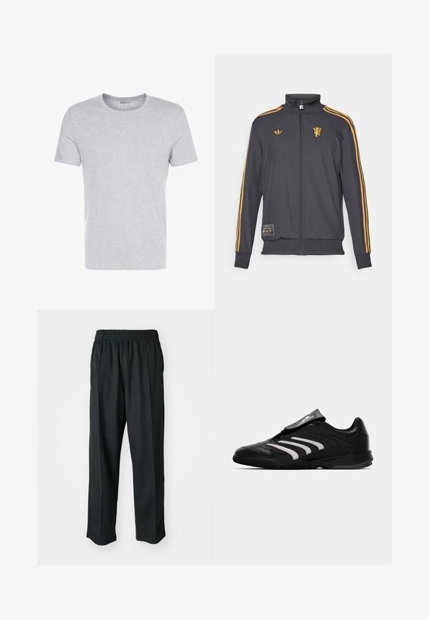 adidas Originals MANCHESTER UNITED ICON TRACK TOP - Sudadera con cremallera - utility black; Camiseta de algodón gris con cuello redondo, mangas cortas y un diseño liso, que presenta una textura suave y lisa, sin patrones ni adornos visibles.; Pantalones deportivos negros con cintura elástica, confeccionados en tela suave, que presentan costuras laterales sutiles y un ajuste relajado, diseño de pierna recta.; Zapatilla deportiva negra con un diseño elegante, parte superior sintética, acentos de rayas blancas, de corte bajo y una correa de Velcro en el empeine para un ajuste seguro.