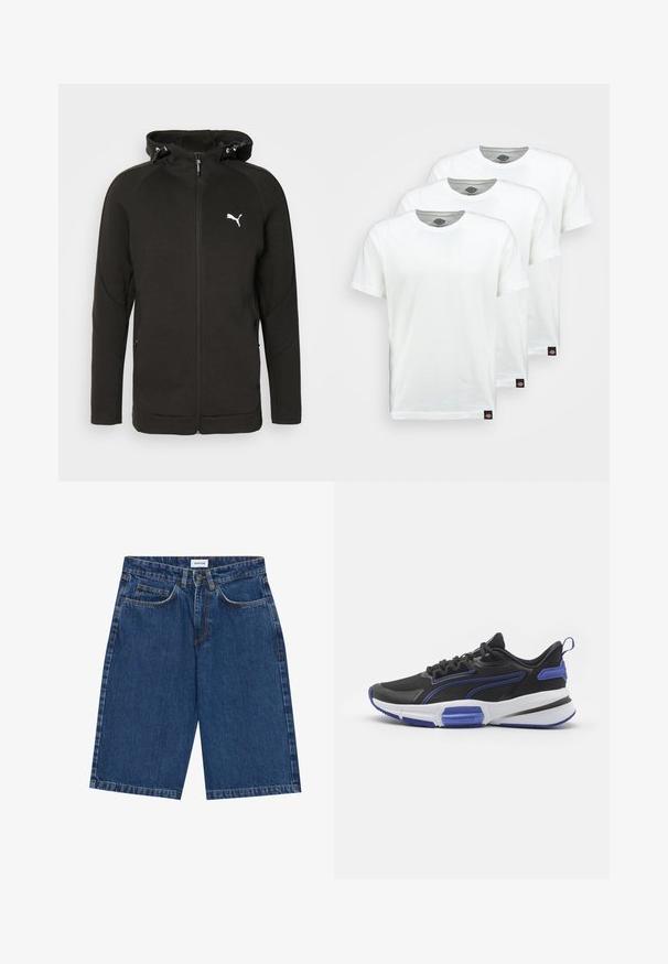 Black zip-up hoodie made of soft, textured fabric. Features a drawstring hood, two side pockets, and a white Puma logo on the chest.; Three plain white cotton t-shirts with short sleeves. Each shirt features a round neckline and a small black logo tag on the left side.; Denim shorts in dark blue, featuring a five-pocket design, straight cut, and visible stitching accents. Smooth texture and mid-rise waist.; Black athletic shoes with blue accents, featuring a textured upper, cushioned white midsole, and reinforced heel for support.