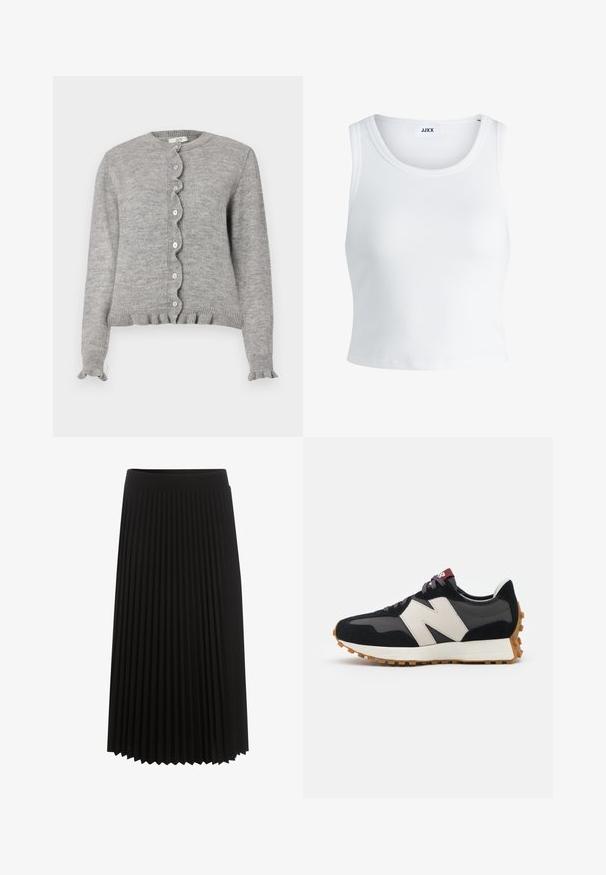 Cardigan gris en tricot avec un col rond, une patte de boutonnage à bords festonnés, et des poignets volantés. Il présente de petits boutons roses et un ourlet côtelé.; Débardeur blanc côtelé avec un col rond, sans manches et d'une longueur cropped. L'étiquette indique "JJXX". Texture du tissu lisse.; Jupe plissée noire avec une large ceinture élastique, longueur genou, mettant en valeur des plis verticaux pour la texture et le mouvement.; Baskets en suede noir et gris avec un grand logo "N" couleur crème, lacets violets et semelle extérieure en caoutchouc gomme texturé.