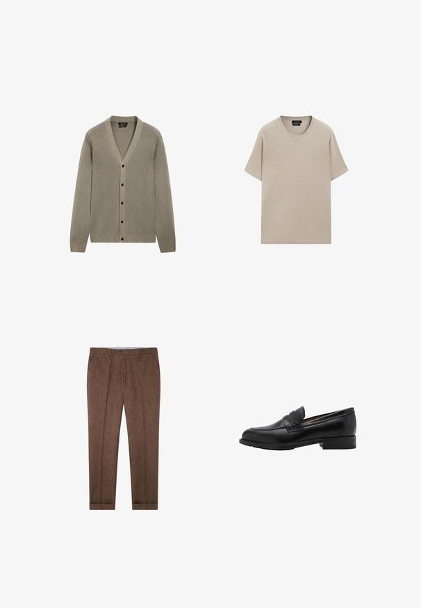 Massimo Dutti BUTTONED V-NECK LONG SLEEVE - Vest - light brown; Beige katoenen t-shirt met een ronde hals, korte mouwen en een losse pasvorm. Glad textuur met een eenvoudig ontwerp, geen zichtbare patronen of accenten.; Bruine op maat gemaakte broek met een subtiele textuur, plooien, een knoopsluiting en manchetten aan de pijpen. Geschikt voor formele of semi-formele gelegenheden.; Zwarte leren instappers met een gestikte voorkant en een platte hak. Glad van textuur met een ronde neus en een decoratieve band over de wreef.