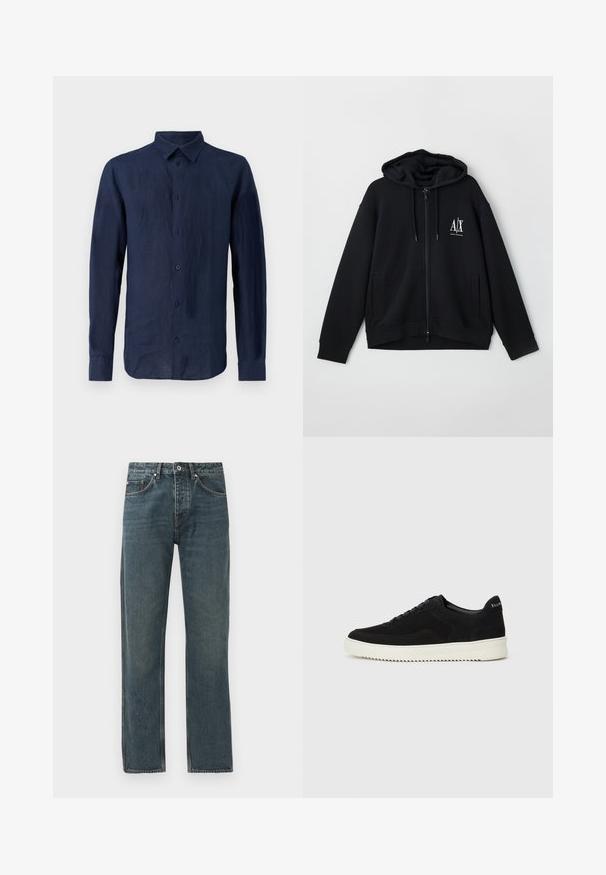 Fekete, cipzáros kapucnis pulóver, puha anyagból készült, bélelt kapucnival, két elülső zsebbel és egy kis fehér logóval a bal mellen.; Sötétkék hosszú ujjú ing lenvászonból. Klasszikus gallérral, elöl gombos záródással és texturált anyaggal rendelkezik, amely laza fazonnal bír.; Sötétkék farmernadrág egyenes lábbal, öt zsebbel, gombos záródással és kontrasztos varrási részletekkel.; Fekete velúr sportcipő fűzős dizájnnal és kontrasztos fehér gumitalppal. Jellemzői a textúrázott oldalpanelek és a diszkrét logó a sarokon.
