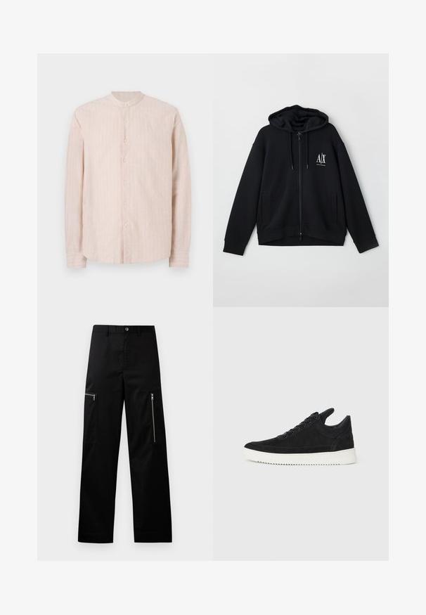 Sort lynlås hoodie lavet af blød stof, med en foret hætte, to forlommer og et lille hvidt logo på venstre bryst.; Lyserød skjorte med knapper og bærestykke, der har lodrette hvide striber, lange ærmer og lige kant. Stoffet ser ud til at have tekstur.; Sorte cargo bukser lavet af slidstærkt stof, med lige snit, to lynlås lommer på siderne og en klassisk knaplukning.; Sort ruskinds sneaker med en hvid gummisål, der har tonalt syet detalje og snørredesign. Glat tekstur med en moderne, strømlinet form.