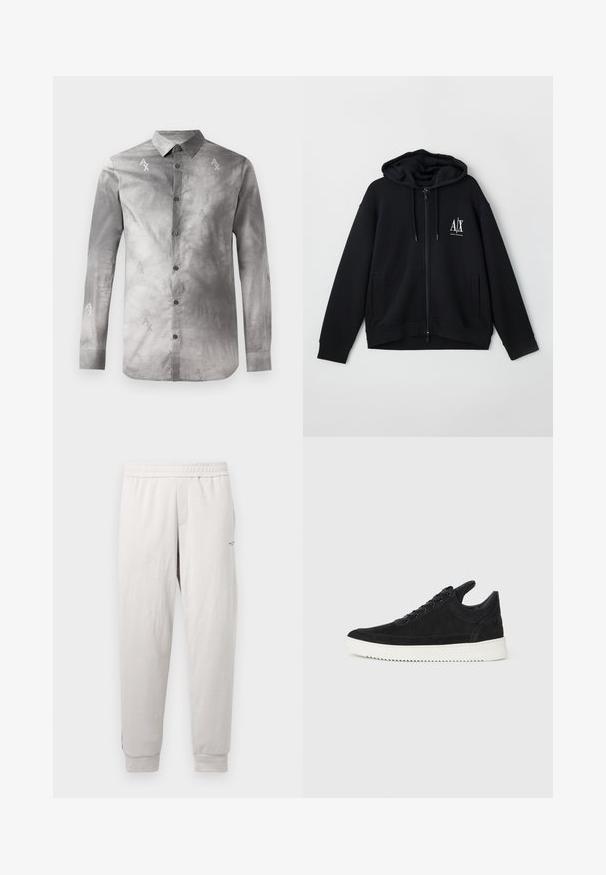 Czarna bluza z kapturem na zamek, wykonana z miękkiego materiału, z podszewką w kapturze, dwoma przednimi kieszeniami oraz małym białym logo na lewej piersi.; Szara koszula z długim rękawem i kołnierzykiem na guziki, z delikatnym abstrakcyjnym wzorem i powtarzającymi się akcentami logo AX w nieco ciemniejszym odcieniu szarości.; Jasnoszare dresy z elastycznym pasem, bocznymi kieszeniami, prążkowanymi mankietami i subtelnym logo na nogawce, wykonane z miękkiego materiału.; Czarne zamszowe sneakersy z białą gumową podeszwą, z tonalnym przeszyciem i sznurowanym zapięciem. Gładka tekstura, nowoczesny, smukły kształt.
