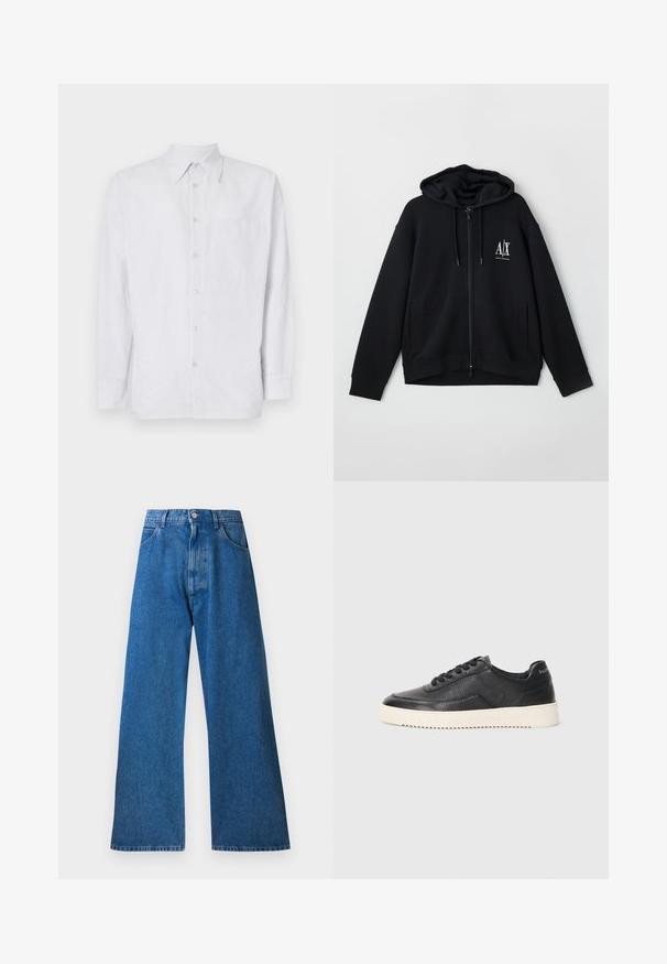 Juodas zip-up džemperis, pagamintas iš minkštos medžiagos, turi pamuštą gobtuvą, dvi priekinės kišenes ir mažą baltą logotipą ant kairiojo krūtinės.; Dryžuotas mygtukinis marškinis, pagamintas iš lengvos medžiagos, su krūtine kišenė, ilgomis rankovėmis ir apykakle, šviesiai mėlynos ir baltos spalvų atspalviuose.; Mėlyni džinsai su plačiomis kojomis, aukštu liemeniu, penkiomis kišenėmis, metaline sagtimi ir subtiliais šviesinimo efektais priekyje. Lygus paviršius.; Juoda odinė sportinė avalynė su tekstūruotu paviršiumi, apvaliu nosiu ir plokščiu baltu guminiu padu. Yra juodi raišteliai ir ženklinimas ant kulno.