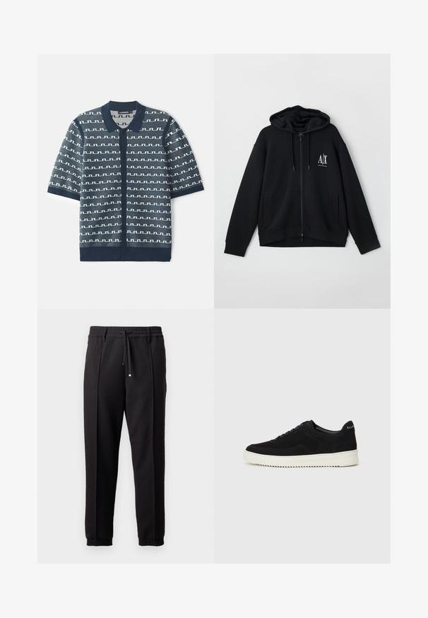 Felpa nera con zip realizzata in morbido tessuto, dotata di cappuccio foderato, due tasche frontali e un piccolo logo bianco sul lato sinistro del petto.; Cardigan in maglia a maniche corte di colore blu marino, caratterizzato da un motivo geometrico bianco, chiusura con bottoni e colletto classico. Tessuto testurizzato con accenti a contrasto.; Pantaloni neri con cintura, cordoncino e polsini elasticizzati. Presentano pieghe e un tessuto liscio e strutturato.; Sneaker in suede nero con design con lacci e suola in gomma bianca a contrasto. Presenta pannelli laterali testurizzati e un marchio discreto sul tallone.