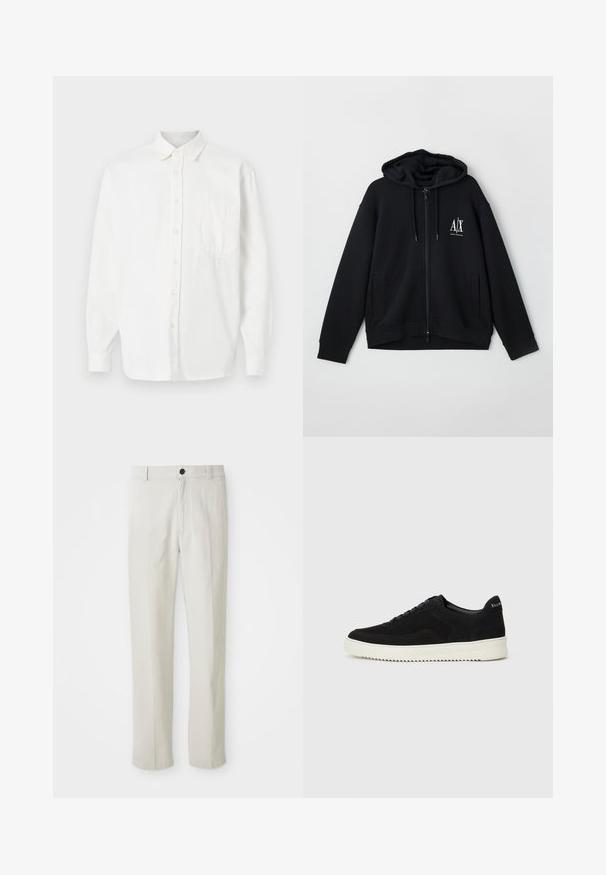 Svart zip-up hettegenser laget av myk stoff, med foret hette, to frontlommer og en liten hvit logo på venstre bryst.; Hvit skjorte med knapp foran, med brystlomme, krage, lange ermer og en glatt tekstur. Enkelt og klassisk design.; Beige rette benbukser med bæltestropper, frontknap og lynlås lukning, vist fladt på en hvid baggrund.; Svart semsket sneakers med snøring og kontrasterende hvit gummisåle. Har teksturerte sidepaneler og subtil merkevare på hælen.