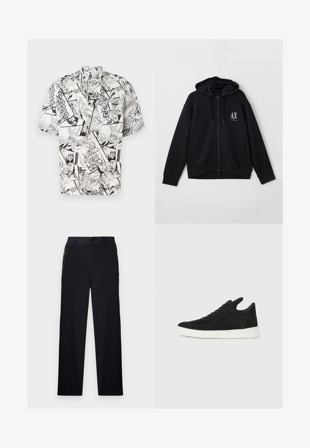 Črna zip-up kapuca iz mehkega blaga, z podloženim kapucem, dvema sprednjima žepoma in majhnim belim logotipom na levi strani prsnega koša.; Majica s kratkimi rokavi, izdelana iz lahkega blaga, ki prikazuje črno-bel stripovski tisk z različnimi paneli in govorljivkami.; Črne hlače iz lahke, teksturirane tkanine, ravne noge, elastičen pas in stranski žepki na zadrgo.; Črne semiš športne copate z belo gumijasto podplatom, ki imajo toneče šive in vezalni dizajn. Gladka tekstura z modernim, poenoteno oblikovano silhueto.