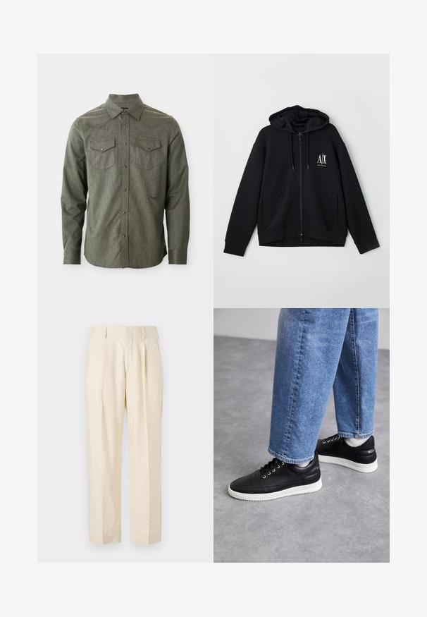 Sort lynlås hoodie lavet af blød stof, med en foret hætte, to forlommer og et lille hvidt logo på venstre bryst.; Grøn, langærmet skjorte med knaplukning lavet af tekstureret stof. Har to brystlommer og spids krave med western-inspireret yoke-detalje.; NN.07 KAY - Bukser - off white; Sorte lædersneakers med hvide gummisåler, featuring runde snørebånd, glat overflade og diskret branding på hælen. Båret med blå jeans.