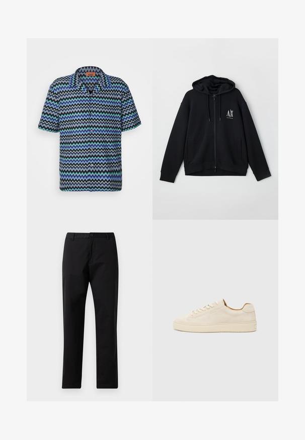 Black zip-up hoodie made of soft fabric, featuring a lined hood, two front pockets, and a small white logo on the left chest.; Short-sleeve shirt in a zigzag pattern featuring blue, green, and black colors, with a collar and button-down front.; Black straight-leg trousers with button and zip closure, belt loops, and front pockets, displayed on white background.; Beige suede sneaker with a low-top design, round toe, flat laces, and a textured rubber sole. Minimalist style with no visible logos.