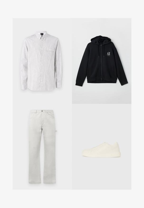 Sweatshirt preto com fecho éclair, feito de um tecido macio, apresentando um capuz forrado, dois bolsos frontais e um pequeno logótipo branco no lado esquerdo do peito.; Camisa de botão às riscas em branco e azul-marinho, feita de um tecido leve. Apresenta colarinho, mangas longas e um bolso no peito.; Calças cinza claro com um corte reto, feitas de tecido de algodão suave, apresentando bolsos frontais e um bolso lateral tipo cargo.; Sapatilha de couro bege de cano baixo com bico redondo, costura mínima e fecho de zíper lateral sobre um fundo branco.