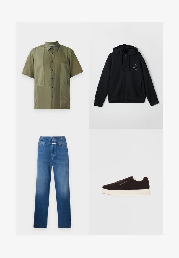 Zwarte zip-up hoodie van zacht materiaal, met een gevoerde capuchon, twee voorke pockets, en een klein wit logo op de linkerkant van de borst.; Olijfgroene overhemd met korte mouwen en een button-down kraag, van een gestructureerde stof, met grote opgestikte zakken aan de voorkant. Zwarte knopen langs de knoopsluiting.; Blauwe denim jeans met een rechte pijp, voorzien van een knoopsluiting, riemlussen en subtiele vervaging op de bovenbenen.; Zwarte suède instapsneaker met witte rubberen zool, met een gladde textuur en subtiele branding aan de zijkant. Klassiek ontwerp en structuur.