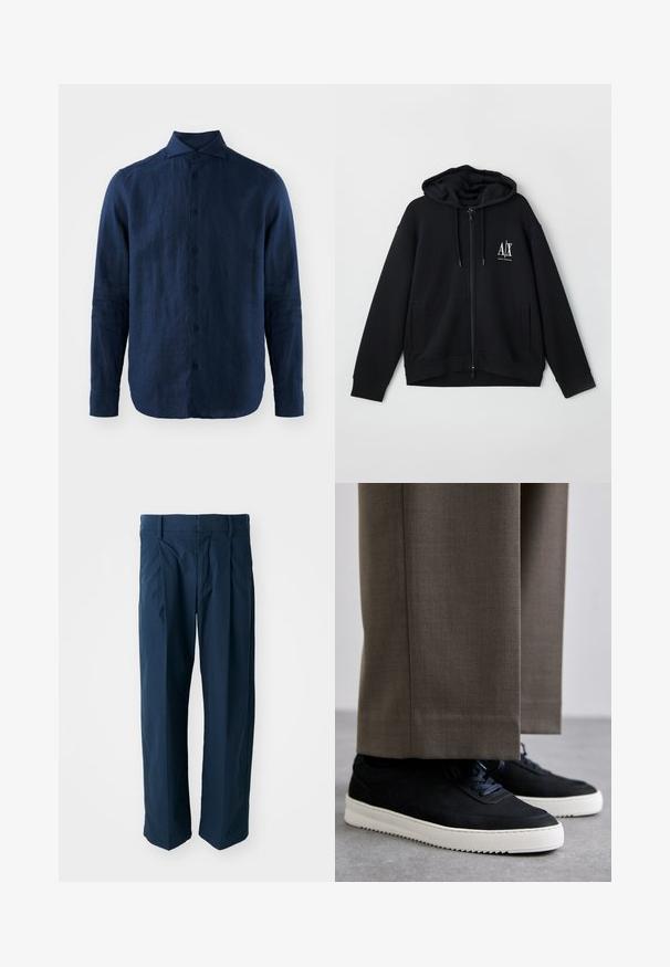 Schwarze Zip-Hoodie aus weichem Stoff, mit gefütterter Kapuze, zwei Fronttaschen und einem kleinen weißen Logo auf der linken Brust.; Dunkelblaues Leinenhemd mit langen Ärmeln, spitzem Kragen, Frontknopfverschluss und strukturiertem Stoff. Abgerundeter Saum und geknöpfte Manschetten.; Marineblaue Hosen aus Baumwolle mit einem lockeren Schnitt, Frontfalten und einem flachen Bund mit Gürtelschlaufen.; Schwarze Wildleder-Sneaker mit weißen Gummisohlen, mit einer abgerundeten Zehenpartie und Schnürsenkeln, getragen zu grauen maßgeschneiderten Hosen.