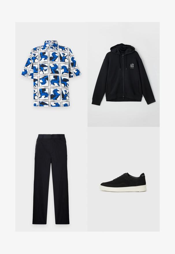 Juodas zip-up džemperis, pagamintas iš minkštos medžiagos, turi pamuštą gobtuvą, dvi priekinės kišenes ir mažą baltą logotipą ant kairiojo krūtinės.; Trumpas rankovėmis marškiniai su mėlyna ir balta grafika, vaizduojančia arklius kvadratuose. Pagaminti iš lengvos medžiagos su smailiu apykakle.; Juodos kelnės, pagamintos iš lengvos tekstūruotos medžiagos, tiesaus silueto, su elastingu juosmeniu ir šoniniais užtrauktukų kišenėmis.; Juodos veliūrinės sportinės bateliai su raištelių dizainu ir kontrastinga balta gumine padais. Yra tekstūruoti šoniniai skydeliai ir subtilus logotipas ant kulno.