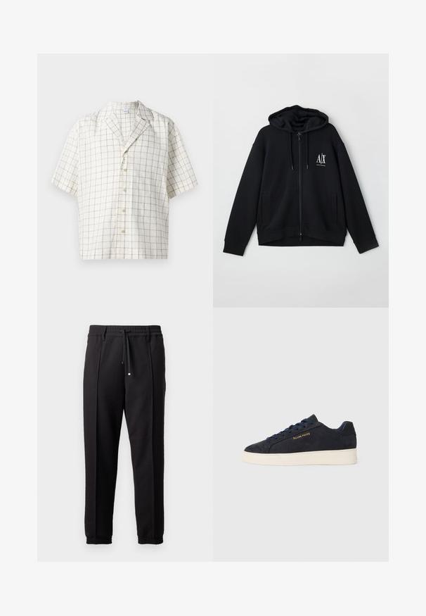 Fekete, cipzáros kapucnis pulóver, puha anyagból készült, bélelt kapucnival, két elülső zsebbel és egy kis fehér logóval a bal mellen.; Rövid ujjú póló világos bézs anyagból, rácsos mintával. Különleges gallérral rendelkezik és hét gombos záródással készült.; Fekete nadrág derékpánttal, húzózsinórral és rugalmas mandzsettákkal. Jellemző rá a pliszírozás és a sima, textúrált anyag.; Sötétkék velúr, alacsony szárú teniszcipő fehér talppal, sötétkék fűzőkkel és arany színű "Filling Pieces" logóval az oldalán.