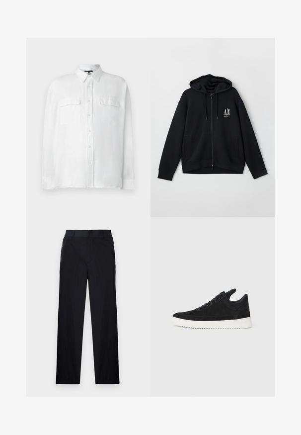 Zwarte zip-up hoodie van zacht materiaal, met een gevoerde capuchon, twee voorke pockets, en een klein wit logo op de linkerkant van de borst.; Witte linnen blouse met een kraag, knopen aan de voorkant en twee borstzakken. Heeft lange mouwen en een comfortabele pasvorm. Soepele textuur.; Zwarte broek van een lichtgewicht, gestructureerde stof, met een recht model, elastische Tailleband en zijzakken met rits.; Zwarte suède sneakers met een witte rubberen zool, voorzien van tonale stiksels en een vetersluiting. Glad oppervlak met een moderne, gestroomlijnde vorm.