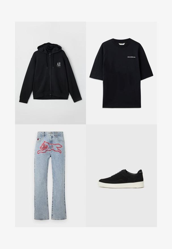 Črna zip-up kapuca iz mehkega blaga, z podloženim kapucem, dvema sprednjima žepoma in majhnim belim logotipom na levi strani prsnega koša.; Črna bombažna majica s kratkimi rokavi, okroglim izrezom in majhnim belim logotipom "HOLZWEILER" na sprednji strani, ki se ponaša s ohlapnim krojem.; Svijetloplave traperice sa ravnim nogavicama, sa velikim crvenim crtanim grafičkim prikazom mačke na leđima i klasičnim petotockets stilom.; Črni semiš teniški copati z vezalkami in kontrastnim belim gumijastim podplatom. Imajo teksturirane stranske panele in subtilno oznako na peti.