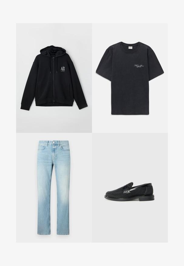 Mustan vetoketjullinen huppari, joka on valmistettu pehmeästä kankaasta. Hupparissa on vuorattu huppu, kaksi etutaskua ja pieni valkoinen logo vasemmassa rinnassa.; Mustat lyhythihaiset t-paidat, joissa on pieni valkoinen "Filling Pieces" -tekstilogo vasemmassa rinnassa.; Vaaleansiniset farkut, joissa on suora lahje, klassinen viisi taskua -design ja nappisuljenta.; Musta kudottu liukupohjallinen kenka, jossa on sileä nahkakorostus päällisessä, pyöreä kärki ja matala kumipohja.