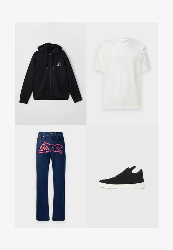 Must mustaga, mis on valmistatud pehmest kangast, voodriga kapuutsiga, kahe esistaskuga ja väikese valge logoga vasakul rinnal.; Valge puuvillane T-särk ümmarguse kaelusega, lühikeste varrukatega ja tekstureeritud aktsentidega õlgadel. Varustatakse tikitud logosid varrukatel.; Sirgedega teksased, otse lõikega. Tumedasinine värv, mille tagakotis on suur roosa kasside disain. Klassikaline metallist nööp ja nurgaraud.; Must mustel kingad valge kummist tallaga, millel on toon-toonis õmblused ja paeltega disain. Sile tekstuur ja moodne, voolujooneline kuju.