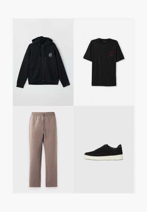 Zwarte zip-up hoodie van zacht materiaal, met een gevoerde capuchon, twee voorke pockets, en een klein wit logo op de linkerkant van de borst.; Zwarte katoenen t-shirt met korte mouwen, met een rood geborduurd hartdesign op de linkerkant van de borst. Klassieke ronde hals, relaxed fit.; Bruine, middelhoge sweatpants gemaakt van zachte stof, met een elastische tailleband met een trekkoord, zijzakken en rechte pijpen.; Zwarte suède sneakers met vetersluiting en contrasterende witte rubberen zool. Voorzien van textuurpanelen aan de zijkanten en subtiele branding op de hiel.