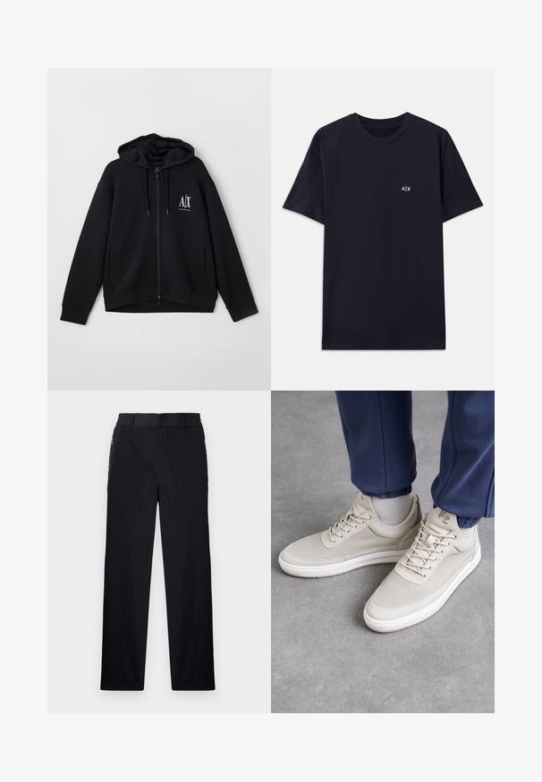 Sweatshirt preto com fecho éclair, feito de um tecido macio, apresentando um capuz forrado, dois bolsos frontais e um pequeno logótipo branco no lado esquerdo do peito.; T-shirt de algodão azul-marinho com mangas curtas e gola redonda. Apresenta um pequeno logótipo branco "A|X" na parte esquerda do peito.; Calças pretas com um tecido leve e texturizado, design de pernas retas, cintura elástica e bolsos laterais com fecho.; Sapatilha bege com material texturizado, bico redondo, atacadores e design minimalista. Sola branca com detalhes em bege claro. Usada com calças de fato azul-marinho.