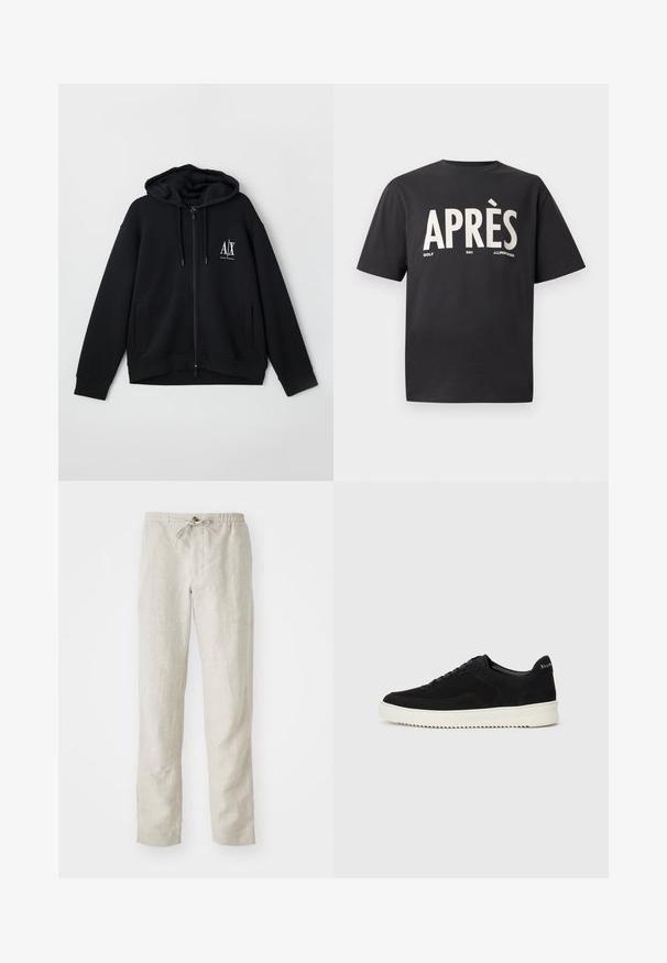 Svart zip-up hoodie i mjukt tyg, med en fodrad huva, två framfickor och en liten vit logotyp på vänster bröst.; Svart bomullströja med stor text "APRÈS" i vitt, med mindre text "GOLF" och "SKI" nedanför. Klassisk rundhalsad och lös passform.; Ljusbeige linnebyxor med rak bendesign, elastisk midja, justerbar dragsko och inga synliga mönster eller hårdvara.; Svarta mockaskor med snörningsdesign och kontrasterande vita gummisulor. Har texturerade sidopaneler och diskret branding på hälen.