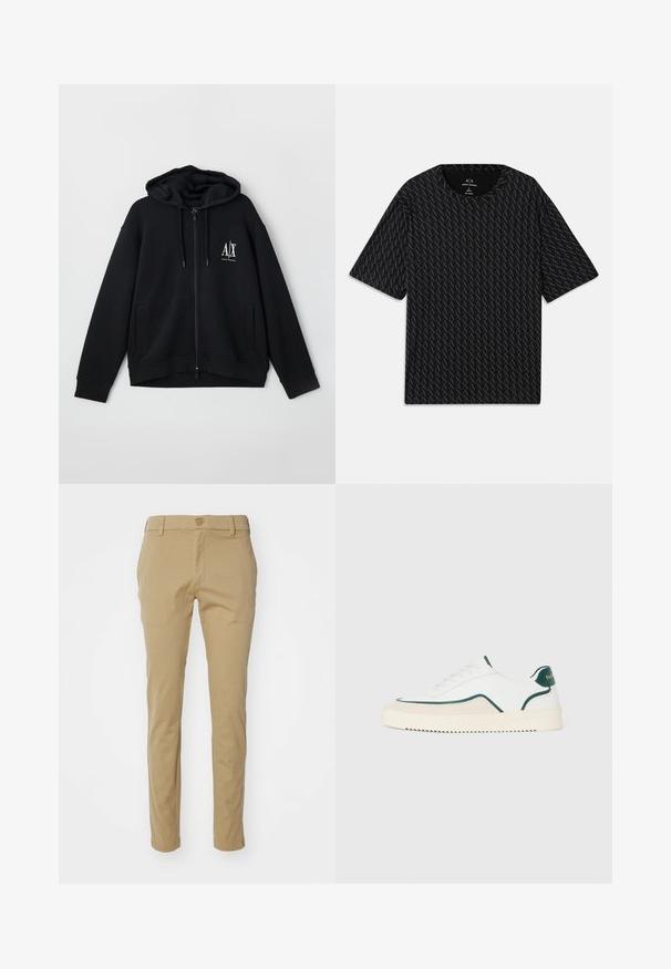 Sort lynlås hoodie lavet af blød stof, med en foret hætte, to forlommer og et lille hvidt logo på venstre bryst.; Sort T-shirt med et tekstureret mønster af vekslende 'A' logoer, korte ærmer og rund halsudskæring. Fremstillet af letvægtsstof.; Khaki bukser lavet af letvægtsbomuld, med en slim-fit design, glat tekstur og standard talje med knaplukning foroven.; Hvide lavtop sneakers med grønne detaljer, beige ruskind og en cremefarvet sål med en rilllet bund.