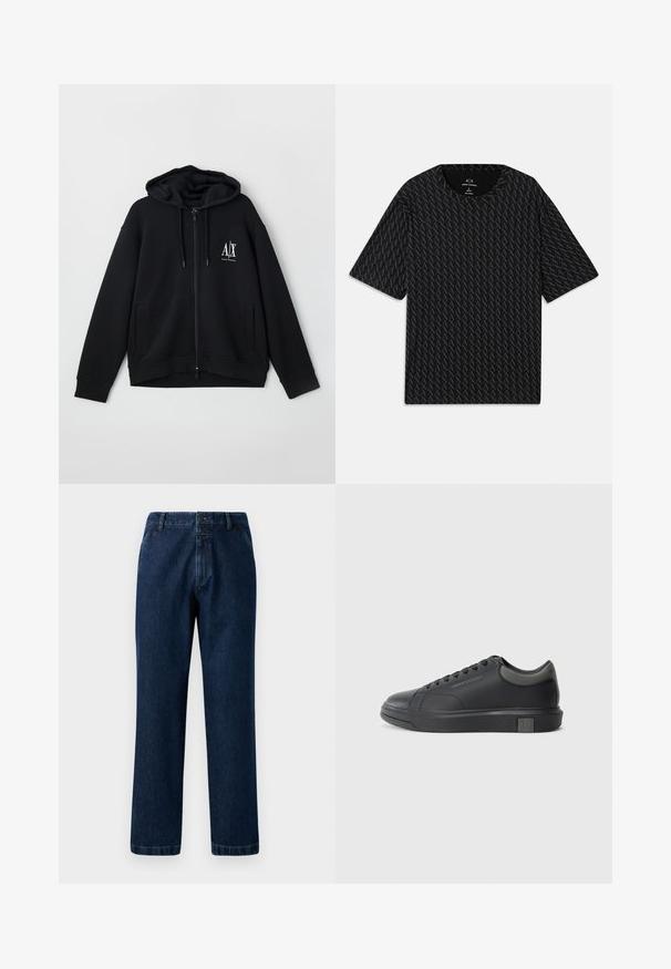 Fekete, cipzáros kapucnis pulóver, puha anyagból készült, bélelt kapucnival, két elülső zsebbel és egy kis fehér logóval a bal mellen.; Fekete póló, váltakozó 'A' logók textúrájával, rövid ujjakkal és kerek nyakkivágással. Könnyű anyagból készült.; Sötétkék farmernadrág egyenes szárú fazonnal, gombos záródással és övhurkokkal. Az anyag finom textúrával és klasszikus varrási részletekkel rendelkezik.; Fekete bőrlábbeli sima felülettel, kerek orral és sötétszürke kiegészítőkkel. Fűzős kialakítású és texturált gumitalppal rendelkezik.