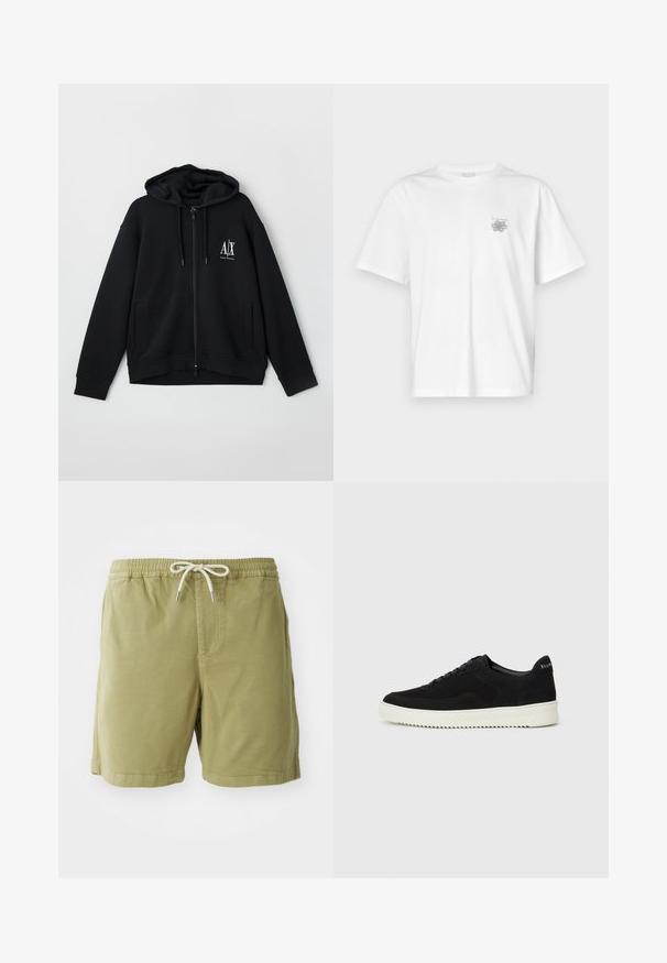 Crna zip-up majica s kapuljačom izrađena od mekanog materijala, s postavljenom kapuljačom, dva prednja džepa i malim bijelim logom na lijevoj strani prsiju.; Bijela majica od pamuka s kratkim rukavima, okruglim izrezom i malim sivim logotipom na lijevoj strani prsnog područja. Glatka tekstura.; NN.07 GREGOR - Kratke hlače - green; Crne nubuk tenisice s vezanjem i kontrastnom bijelom gumenom potplatom. Imaju teksturirane bočne panele i suptilno brendiranje na peti.