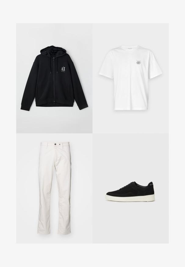 Svart zip-up hettegenser laget av myk stoff, med foret hette, to frontlommer og en liten hvit logo på venstre bryst.; Hvit T-skjorte laget av bomull, med korte ermer, rund hals og en liten grå logo på venstre brystområde. Smooth tekstur.; Hvite bomullsbyxor med rett benklipp, som har to frontlommer og to baklommer, knappelukking og minimale sømdetaljer.; Svart semsket sneakers med snøring og kontrasterende hvit gummisåle. Har teksturerte sidepaneler og subtil merkevare på hælen.