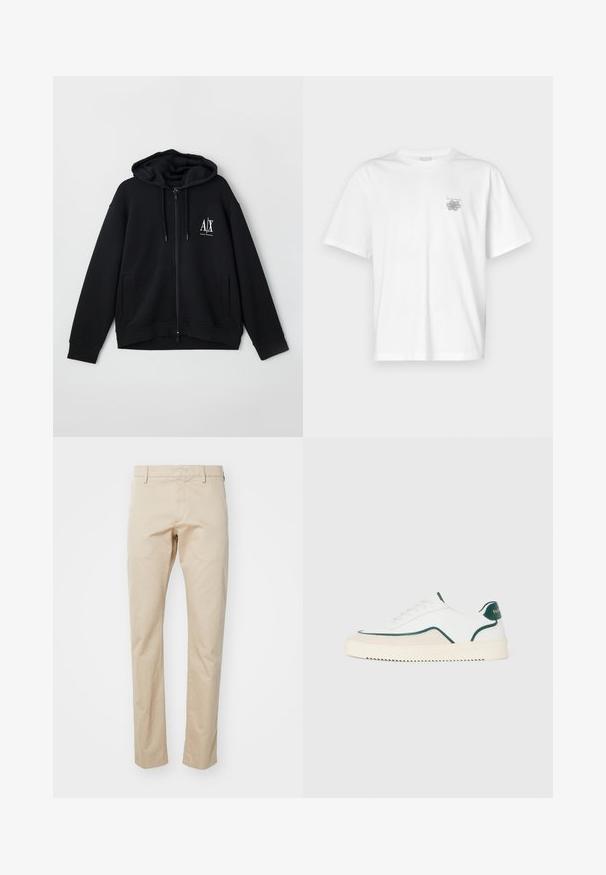 Black zip-up hoodie made of soft fabric, featuring a lined hood, two front pockets, and a small white logo on the left chest.; White t-shirt made of cotton featuring short sleeves, a crew neck, and a small gray logo on the left chest area. Smooth texture.; Beige cotton chinos with a straight leg design, featuring a flat front and belt loops. Smooth texture and minimal detailing.; White low-top sneaker with green trim, beige suede detailing, and a cream-colored sole with a ridged bottom.