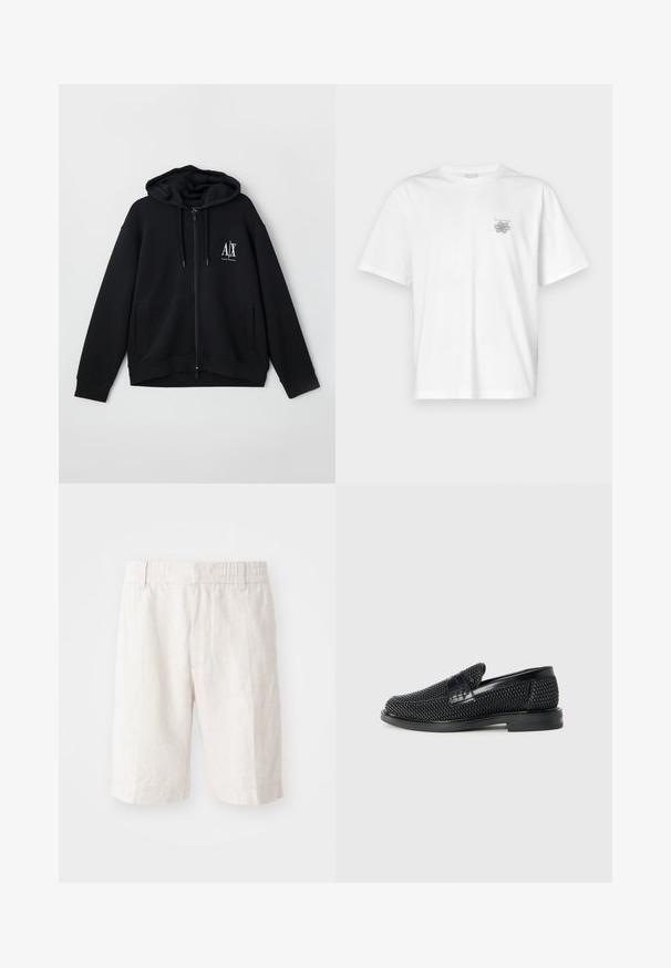 Black zip-up hoodie made of soft fabric, featuring a lined hood, two front pockets, and a small white logo on the left chest.; White t-shirt made of cotton featuring short sleeves, a crew neck, and a small gray logo on the left chest area. Smooth texture.; Linen shorts in light beige with an elastic waistband, side pockets, and a straight cut. Smooth texture with minimal visible stitching.; Black woven slip-on shoe with a smooth leather accent on the upper, a round toe design, and a low-profile rubber sole.