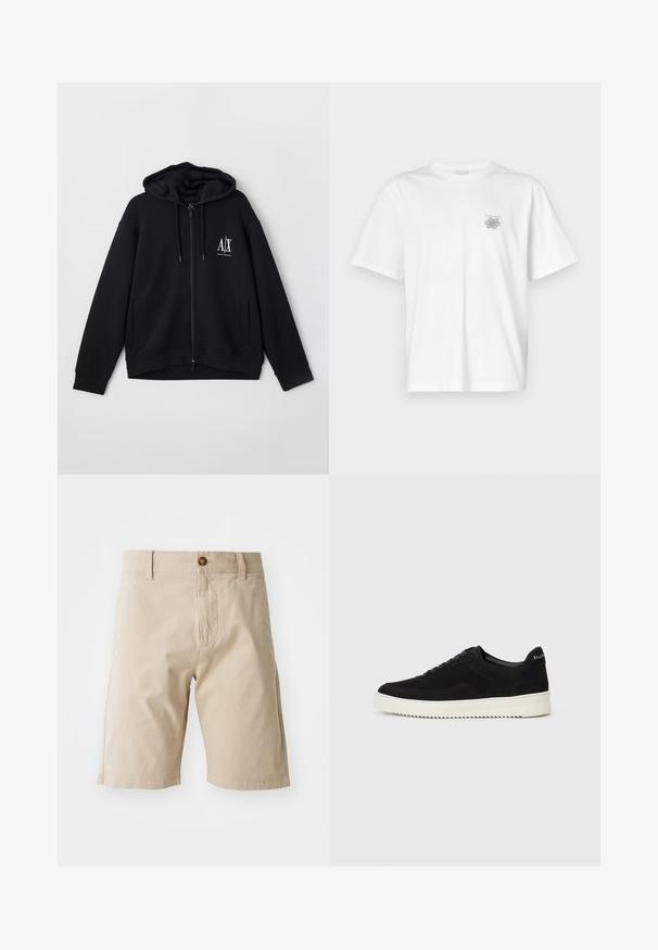 Fekete, cipzáros kapucnis pulóver, puha anyagból készült, bélelt kapucnival, két elülső zsebbel és egy kis fehér logóval a bal mellen.; Fehér pamut póló rövid ujjakkal, kerek nyakkal, és egy kis szürke logóval a bal mellrészen. Sima tapintású.; Beige pamut sort gombos záródással, övhurkokkal és oldalsó zsebekkel; sima textúra és egyenes siluett.; Fekete velúr sportcipő fűzős dizájnnal és kontrasztos fehér gumitalppal. Jellemzői a textúrázott oldalpanelek és a diszkrét logó a sarokon.